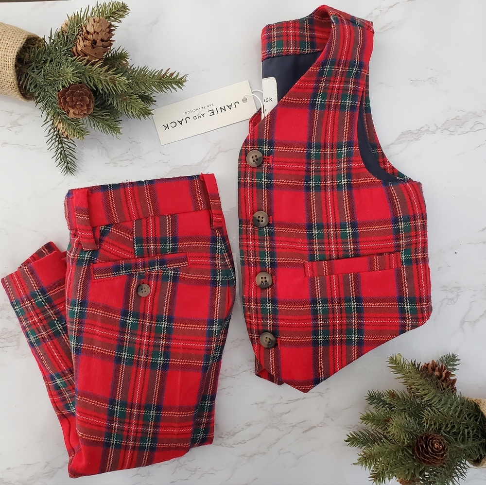 Janie & Jack Red Tartan Vest and Pants Suit - NWT, 12-18 months